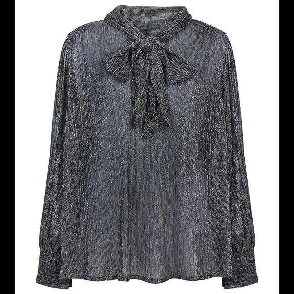 SUNCOO PARIS LYNSEE METALLIC TIE NECK BLOUSE SILVER TOP SZ T1 - Picture 3 of 11